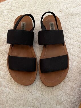 Steve Madden Black and Brown Two-Strap Elasticized Slingback Sandals